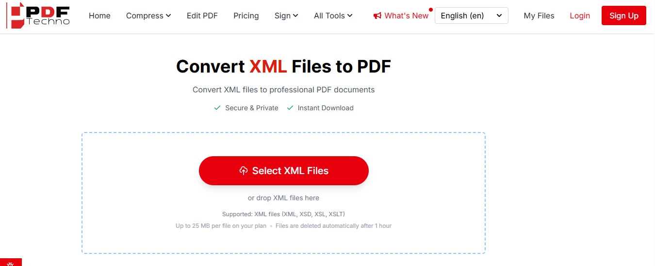 Open PDFTechno XML to PDF converter and find the file upload area
