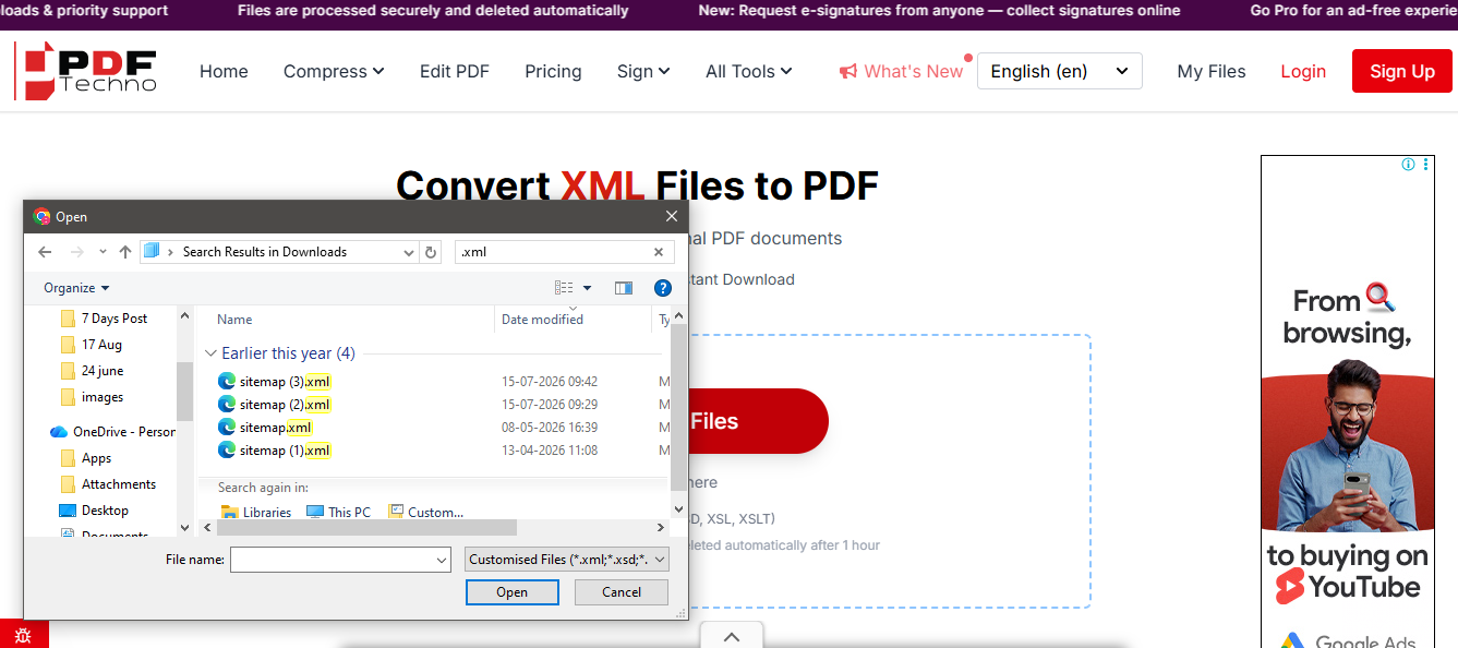 Select and upload an XML file to the PDFTechno XML to PDF converter