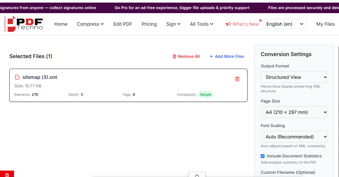Review the XML structure analysis and conversion settings in PDFTechno