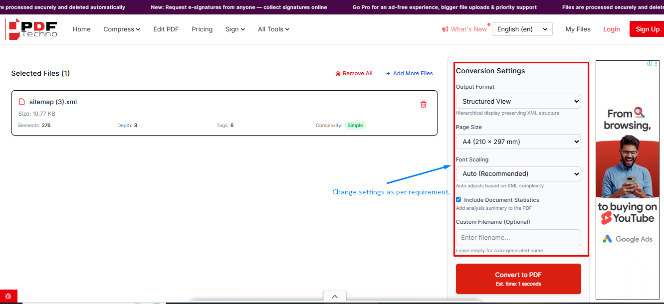 Choose the output format, page size and font scaling, then click Convert to PDF