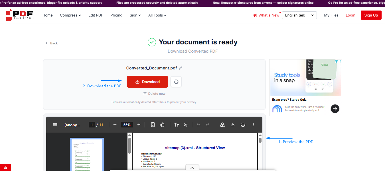 Preview and download the converted PDF from PDFTechno